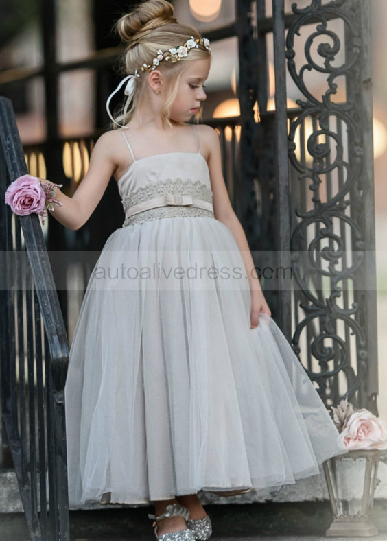 Gray Lace Tulle Ankle Length Country Flower Girl Dress